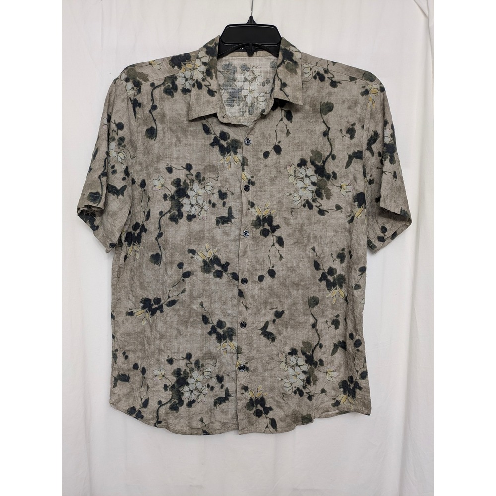 Atlani Mens Large Floral Vine Print Button Down Shirt Olive Tan Cotton Blend